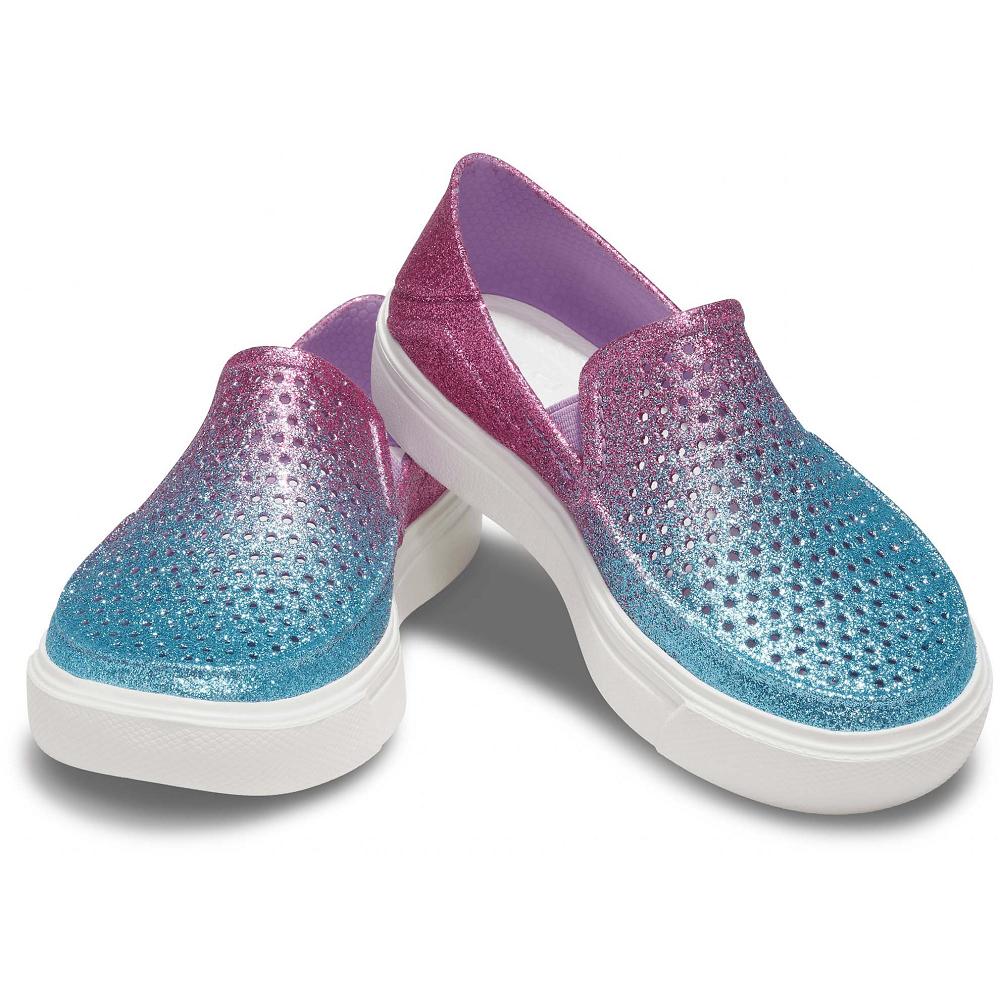 Aqua / Pink Girls' Crocs CitiLane Roka Glitter Slip-On Flat Shoes | NZ 1602HAPK